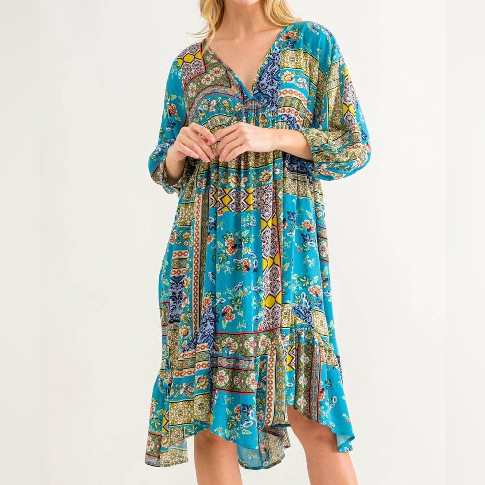 Patchwork Floral Boho Tiered puff and balloon sleeve Elastic cuffs Mini dress M